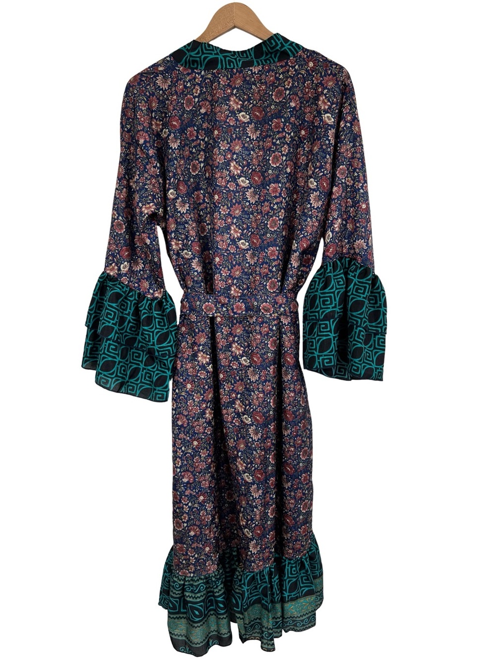 100% Silk Boho Kimono Robe Womens Tie Waist Mixed Print Duster - Picture 3 of 16